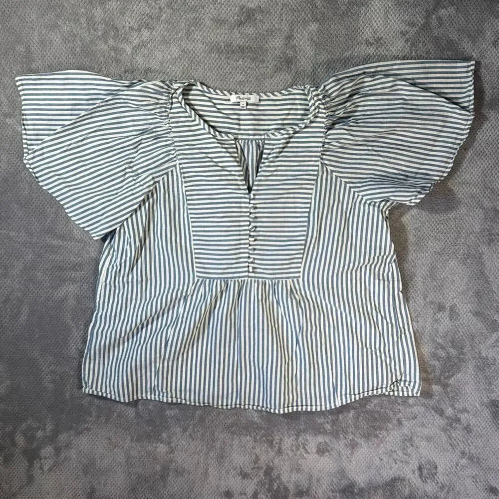 Madewell Courtyard Striped Puff Sleeve Peplum Blouse Medium Blue White Button Fr